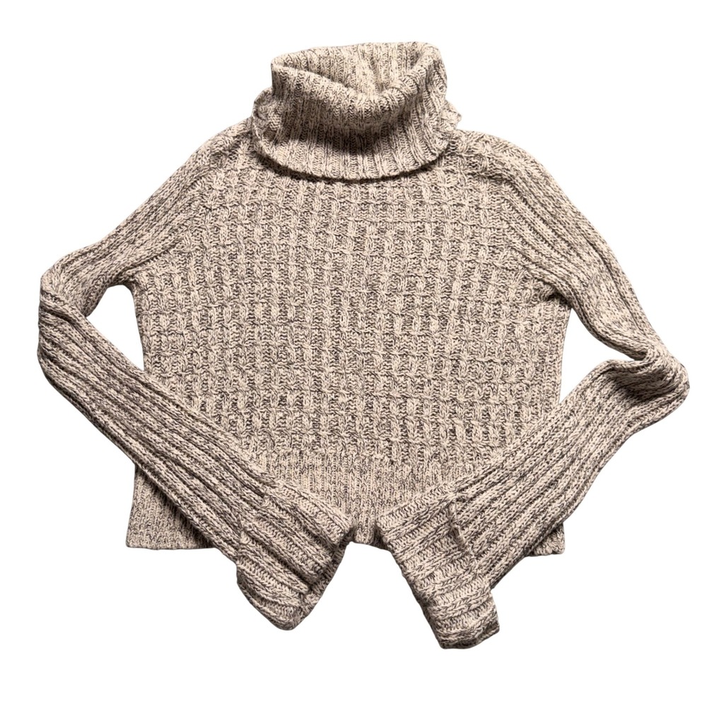 Free People Marled Knit Turtleneck Sweater Cream Black XS Waffle Texture